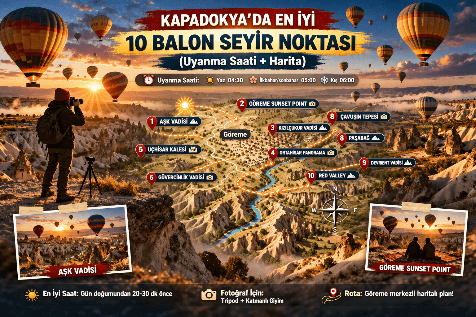 Kapadokya Balon Seyir Noktaları: En İyi 10 Yer + Uyanma Saati